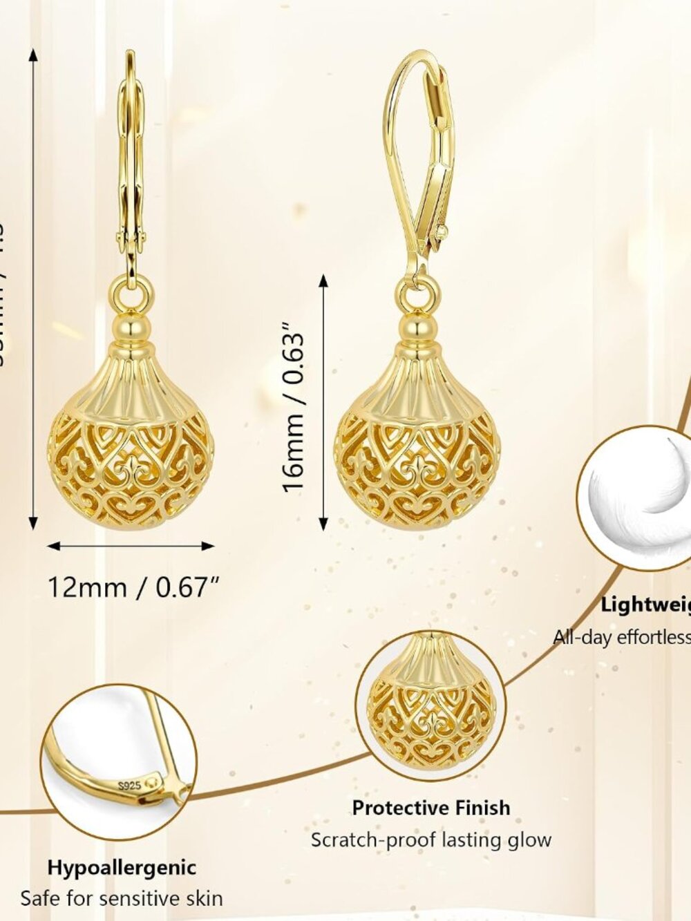 Women's Filigree Gold Silver Earrings with Hypoallergenic Leverback Texture | 14 - Picture 3 of 7